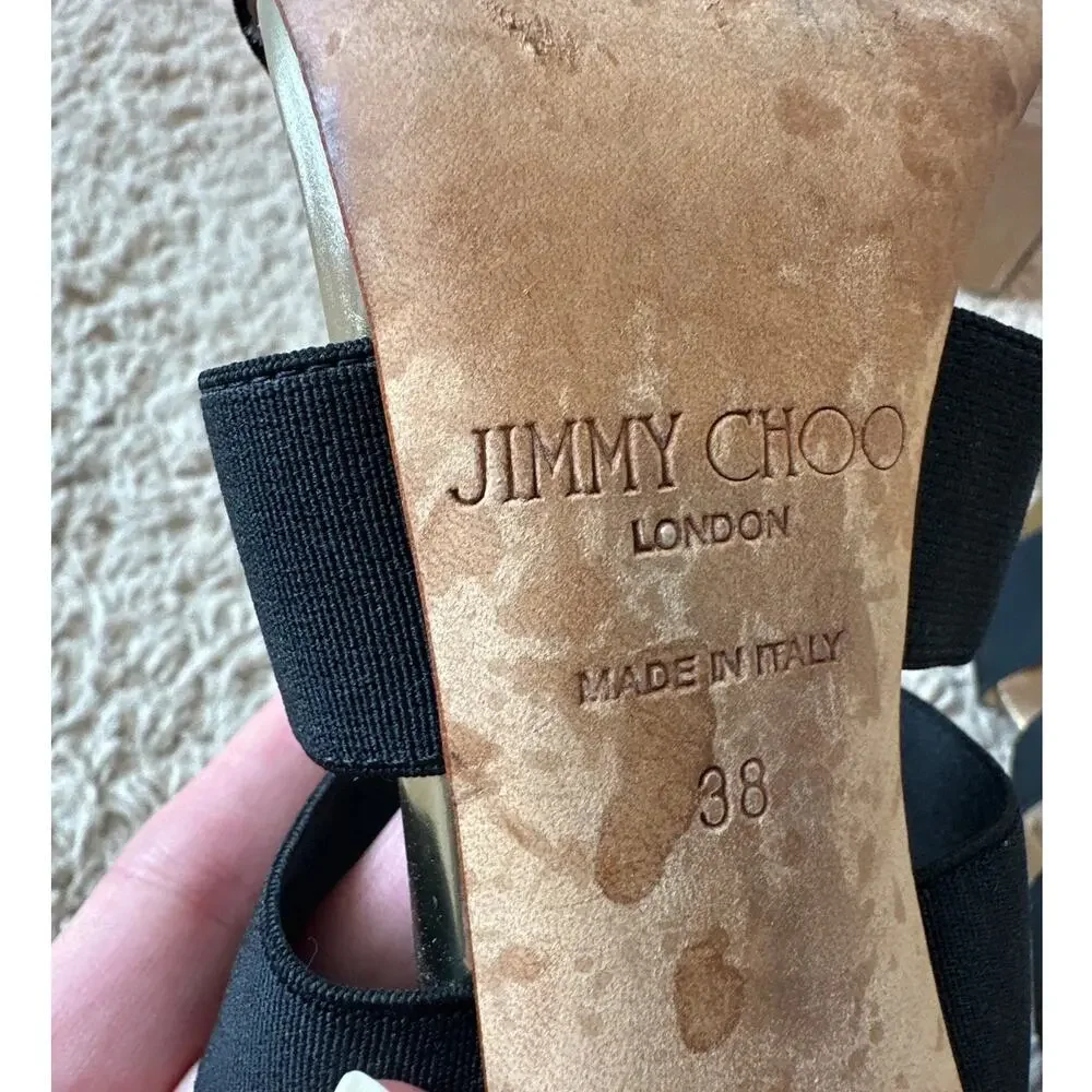 Jimmy Choo Dario Black Ladder Strap Gold Heel Sandals‎ Size US 8, IT 38